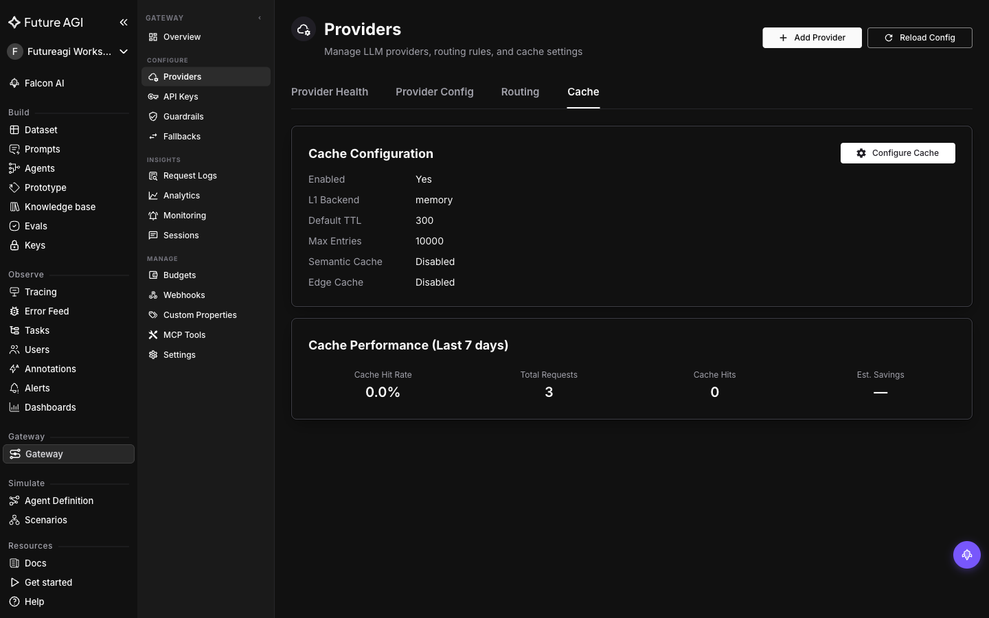 Agent Command Center Cache tab with Enabled: Yes, L1 Backend: memory, and Semantic Cache: Disabled. Exact-match caching is active