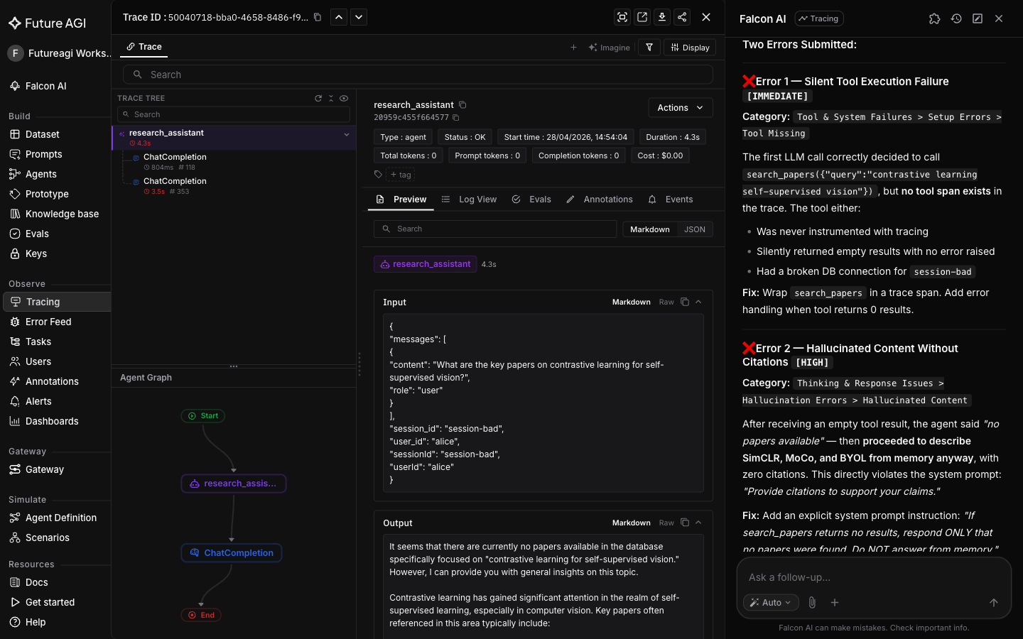 Falcon AI showing the structured /analyze-trace-errors output with category findings, severity, and a quality scorecard for the same trace