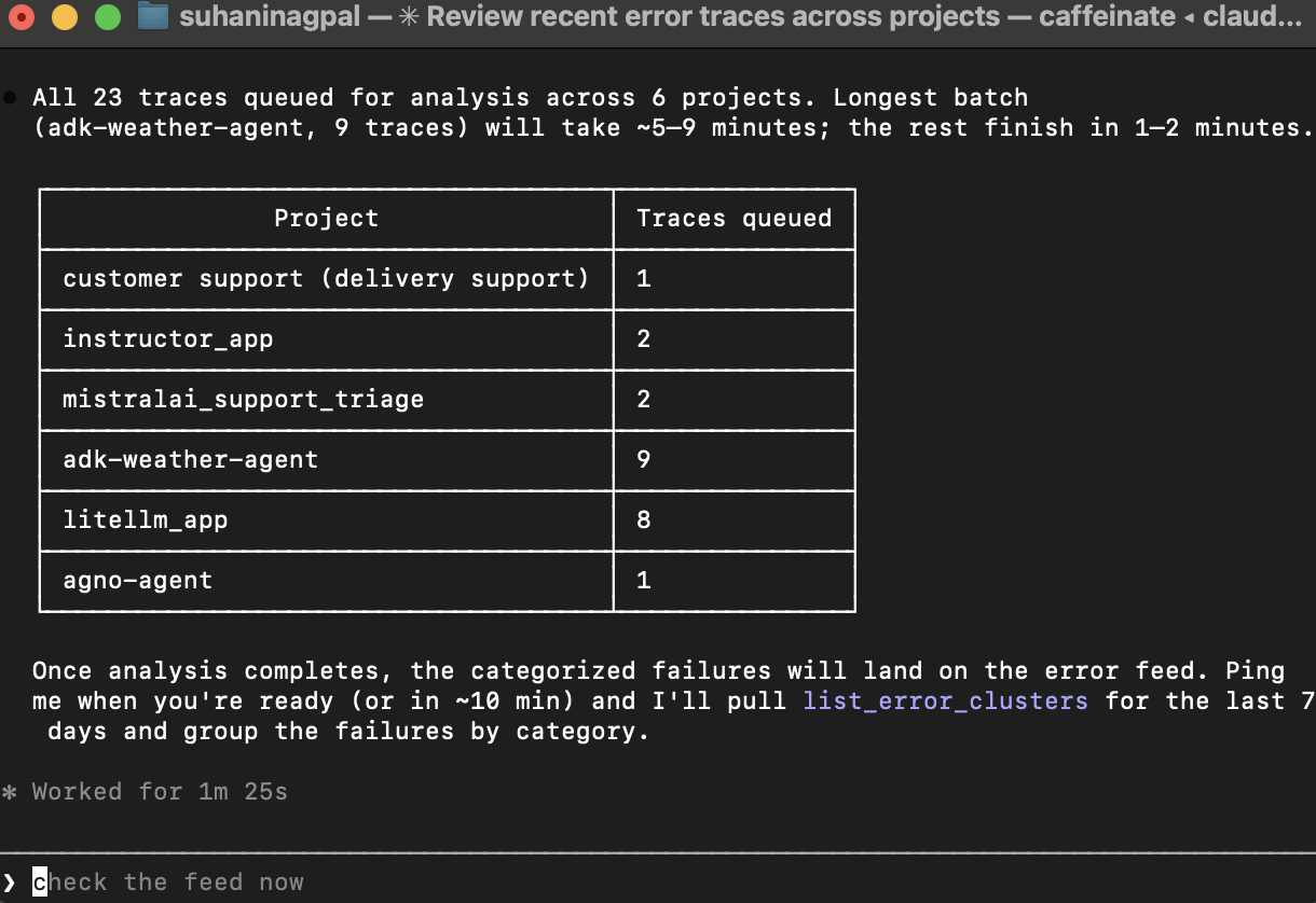 Terminal showing the futureagi MCP response: 23 traces queued for analysis across 6 projects with a per-project breakdown (customer_support_delivery, instructor_app, mistralai_support_triage, adk-weather-agent, litellm_app, agno-agent) and a note that the longest batch (adk-weather-agent, 9 traces) will take about 5 to 9 minutes; the assistant offers to ping the user once analysis completes and then pull list_error_clusters