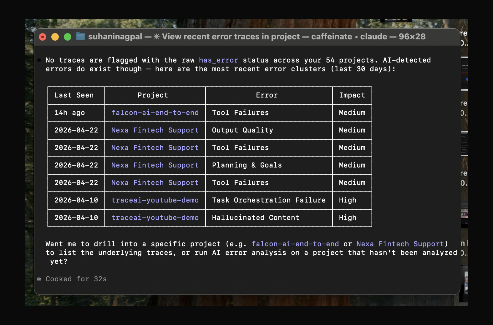 Claude Code terminal showing the futureagi MCP response: a table of recent error clusters across projects with Last Seen, Project, Error category, and Impact columns