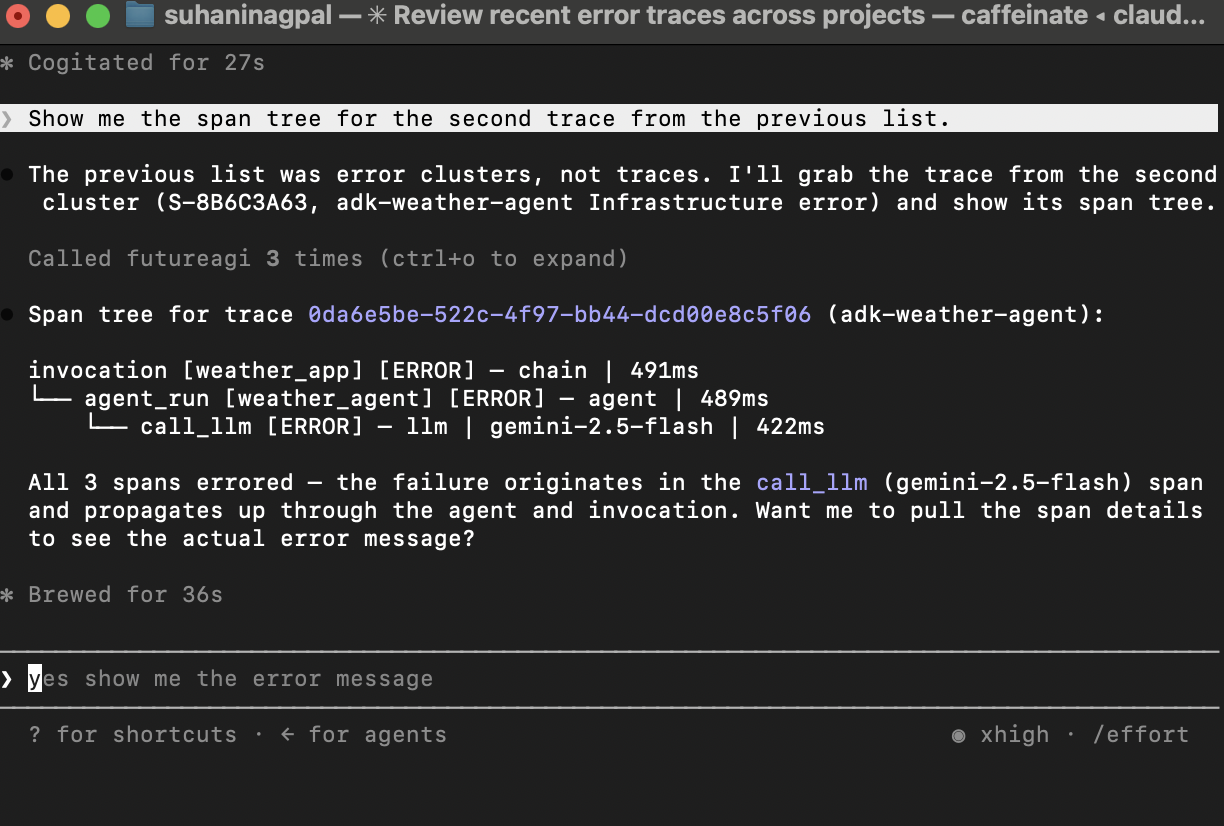 Terminal showing the futureagi MCP response for the second trace in the previous list: a span tree for trace 0d6da6be-622c-4f97-bb44-dcd0e8c5f0b6 (adk-weather-agent) with three nested spans (invocation 491ms, agent_run 489ms, call_llm 422ms using gemini-2.5-flash), each marked with ERROR, plus the assistant's note that all three spans errored and the failure originates in the call_llm span