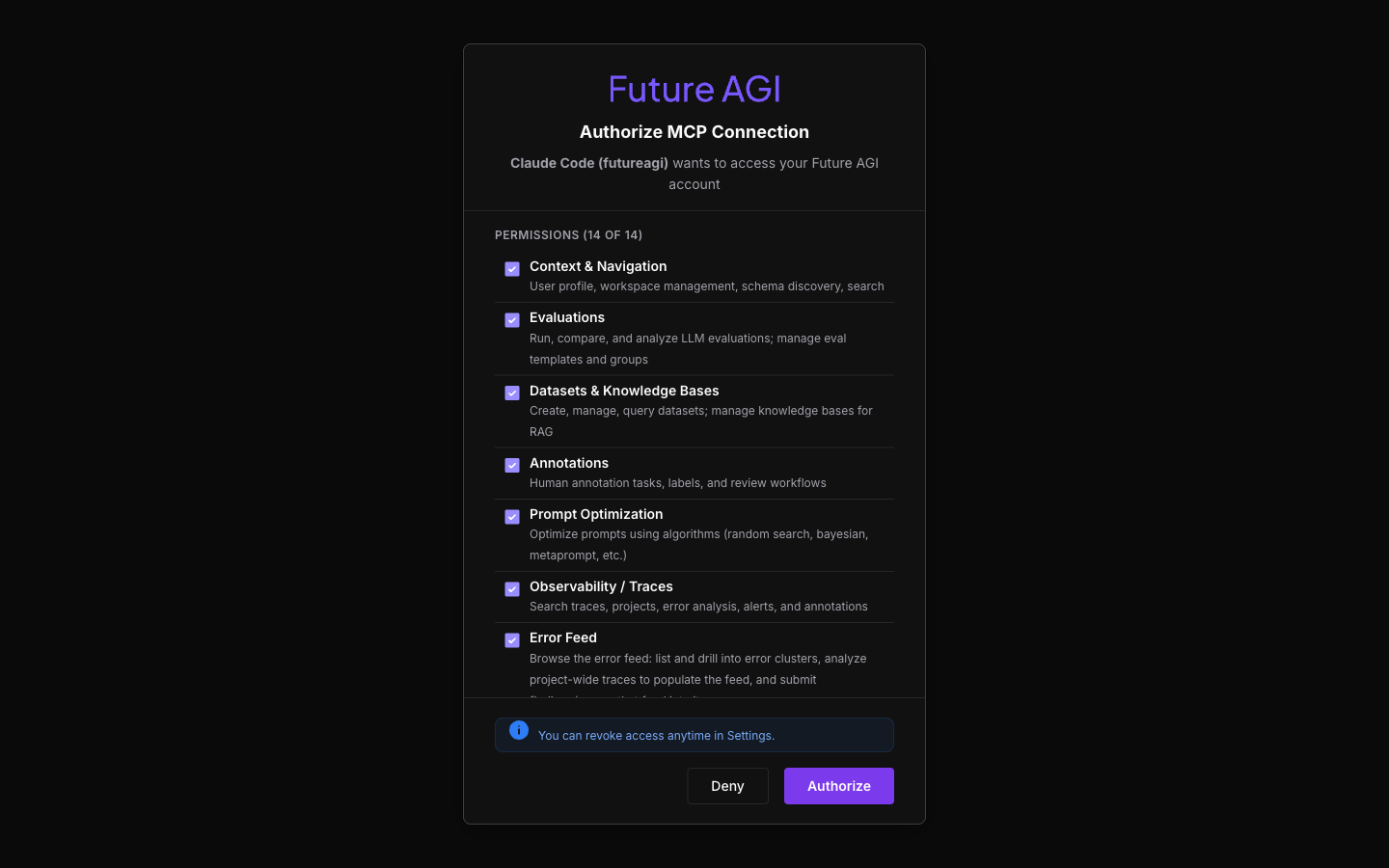 Future AGI MCP OAuth consent screen showing Claude Code requesting access with all 14 permission groups (Context & Navigation, Evaluations, Datasets, Annotations, Prompt Optimization, Observability / Traces, Error Feed, etc.) and an Authorize button