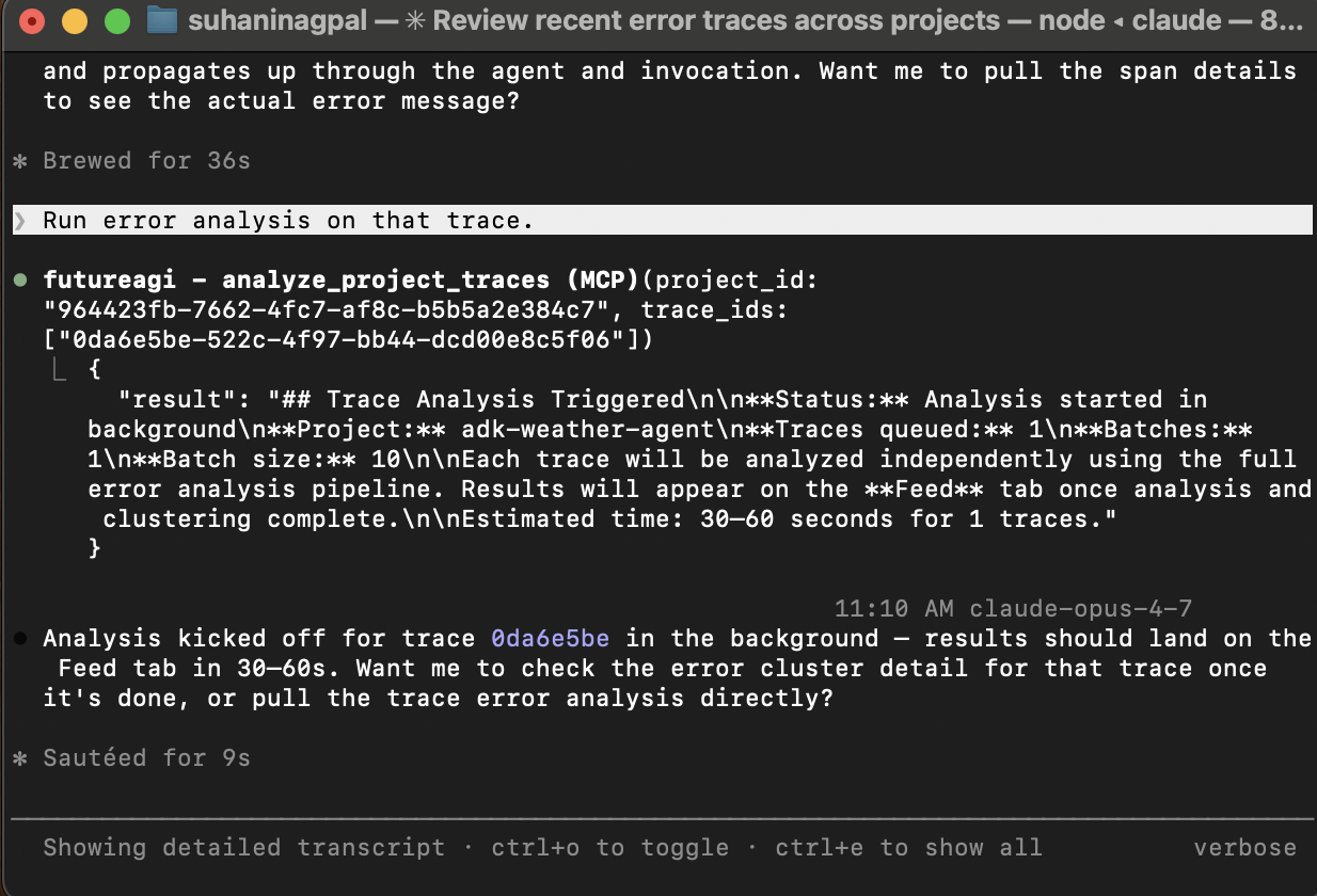 Terminal showing the futureagi MCP tool call analyze_project_traces kicking off in the background, with a JSON-shaped result confirming 'Trace Analysis Triggered' for the failing trace, plus an analysis_id and a follow-up status note saying the analysis kicked off and the assistant will pull the error cluster detail once it's done