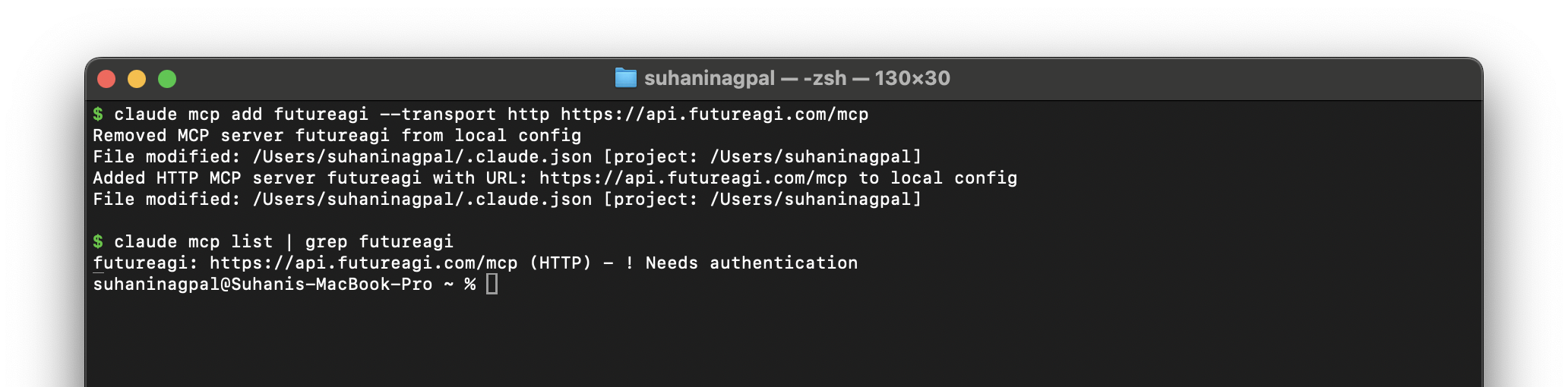 Terminal showing claude mcp add futureagi succeeding and claude mcp list confirming the server with Needs authentication status