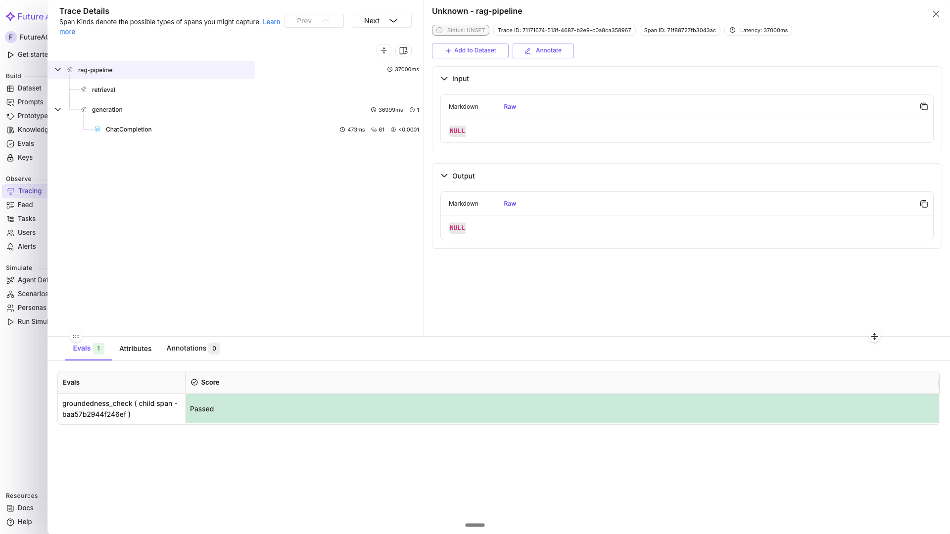 RAG pipeline trace with inline groundedness eval