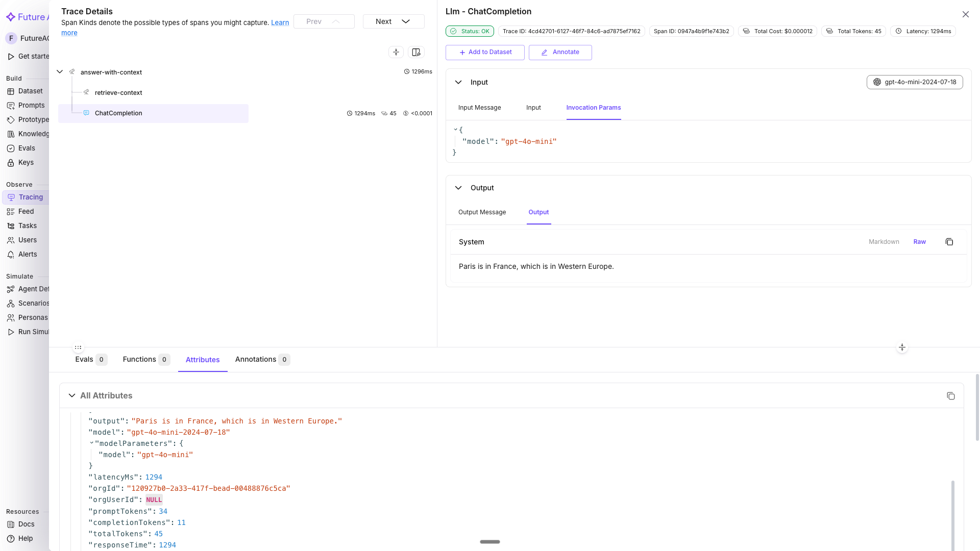 Custom span tree showing answer-with-context parent with retrieve-context and OpenAI children