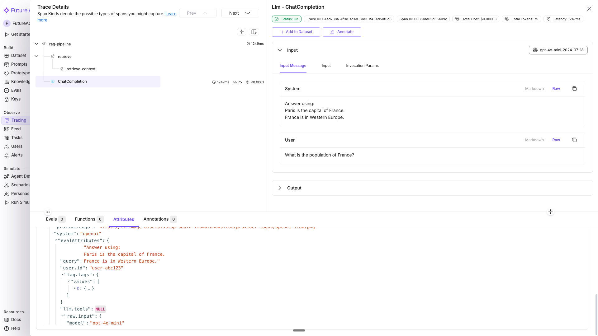 Nested span tree showing rag-pipeline parent with retrieve and OpenAI children
