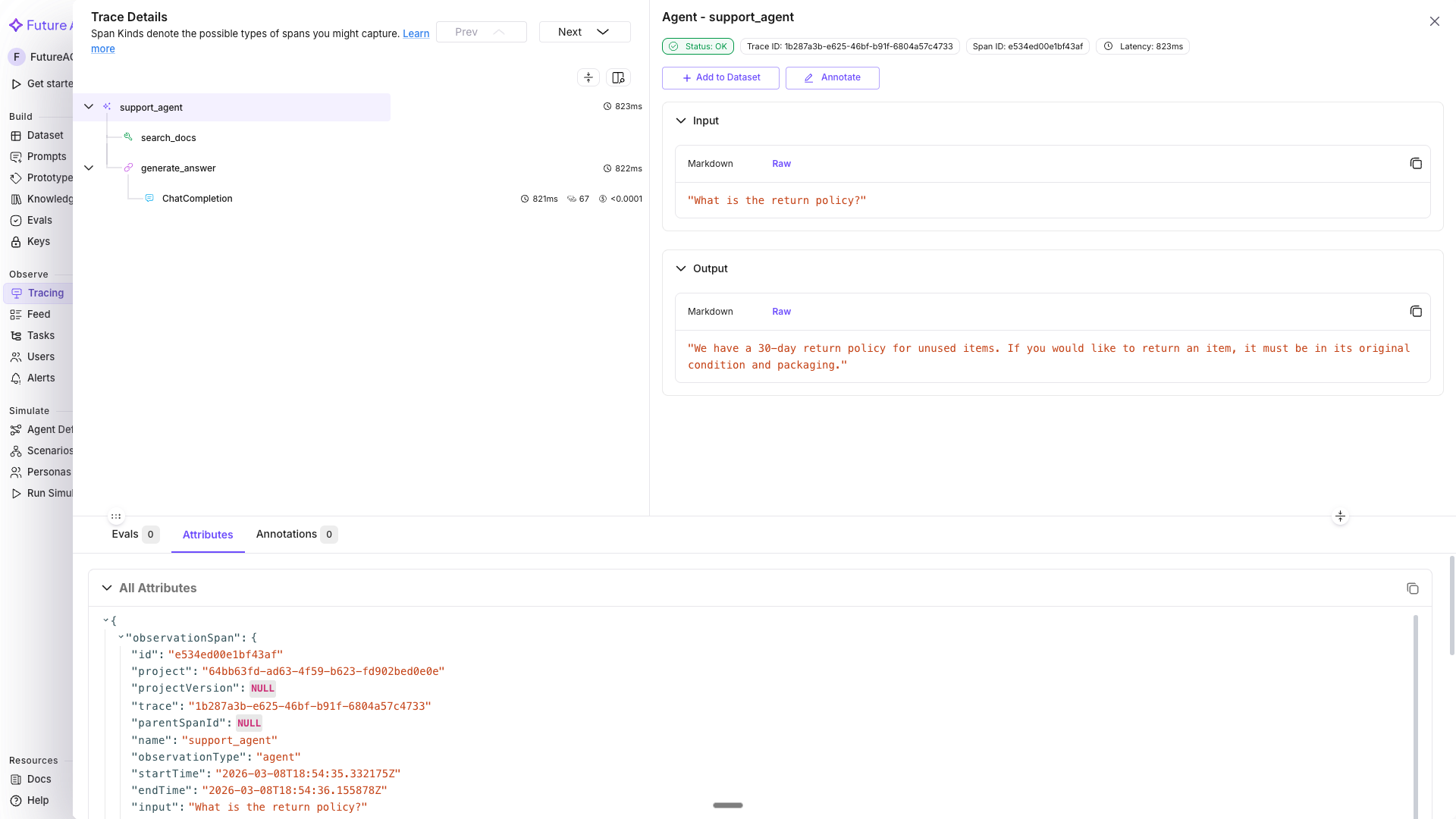 Agent, tool, and chain spans in the trace tree
