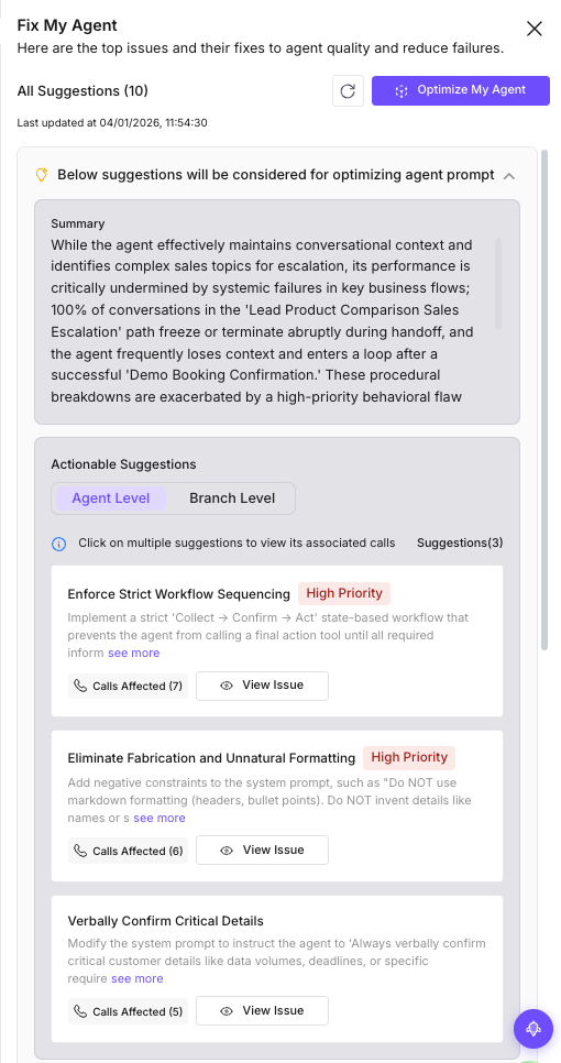 Fix My Agent recommendations showing agent-level fixes