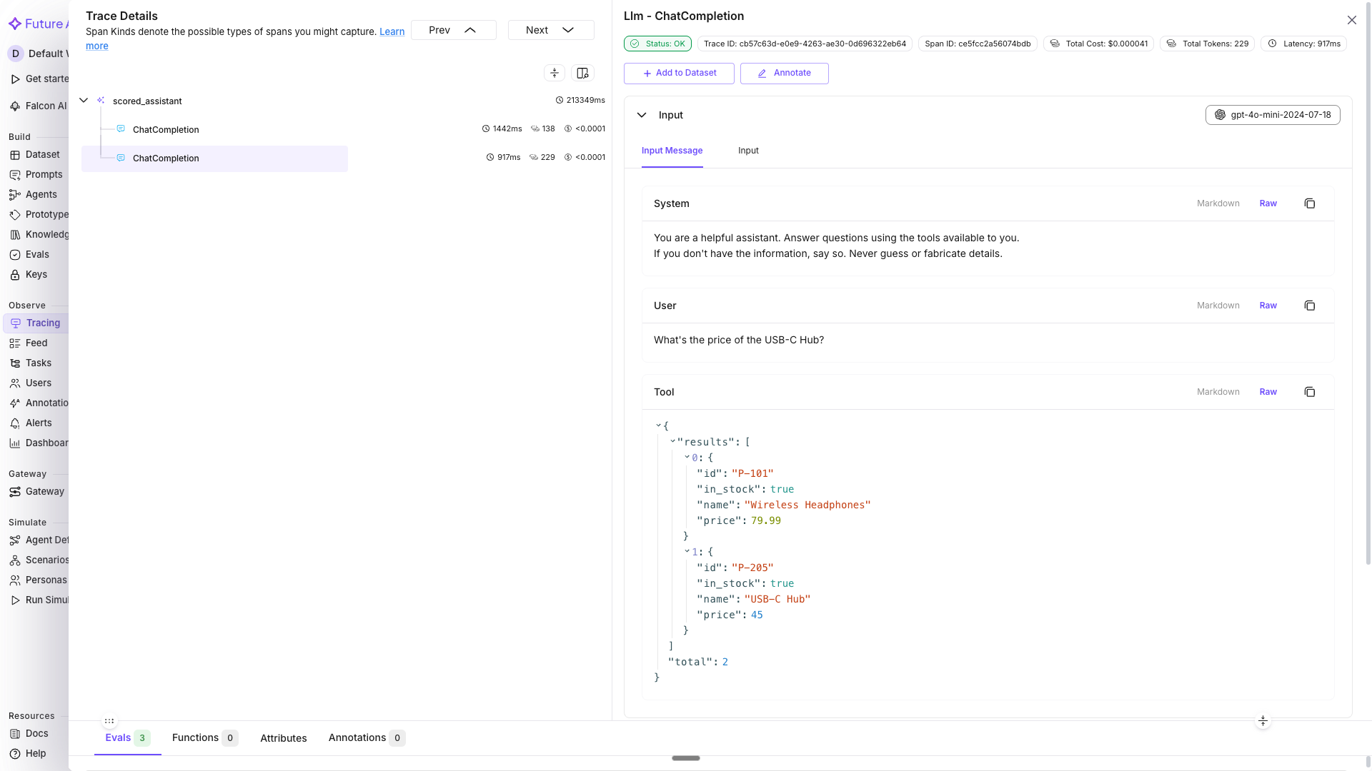 Trace detail showing the support_assistant span with system prompt, user message, and tool result for one ChatCompletion call