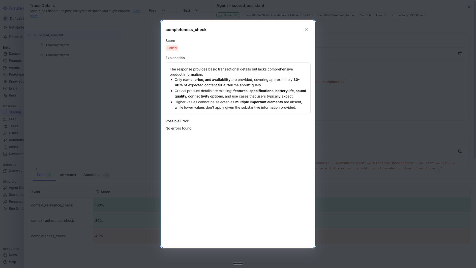 Evals tab on a trace showing completeness, context adherence, and context relevance scores with reasons