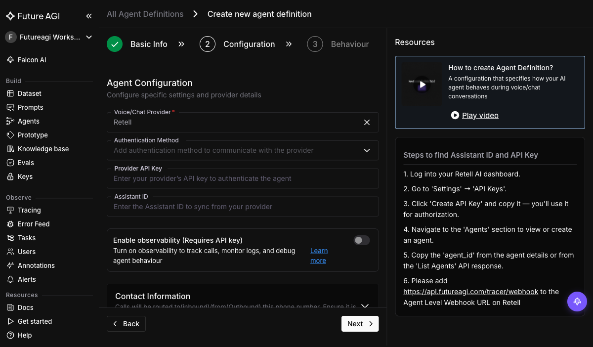 Agent configuration showing Voice Provider Retell, API key field, and Agent ID field