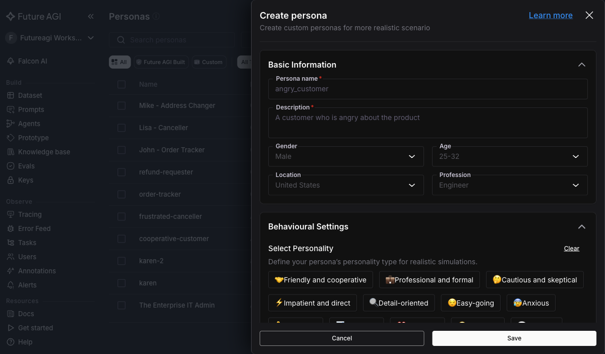 Create your own persona dialog with type set to Voice and tone, personality, and behavioural fields