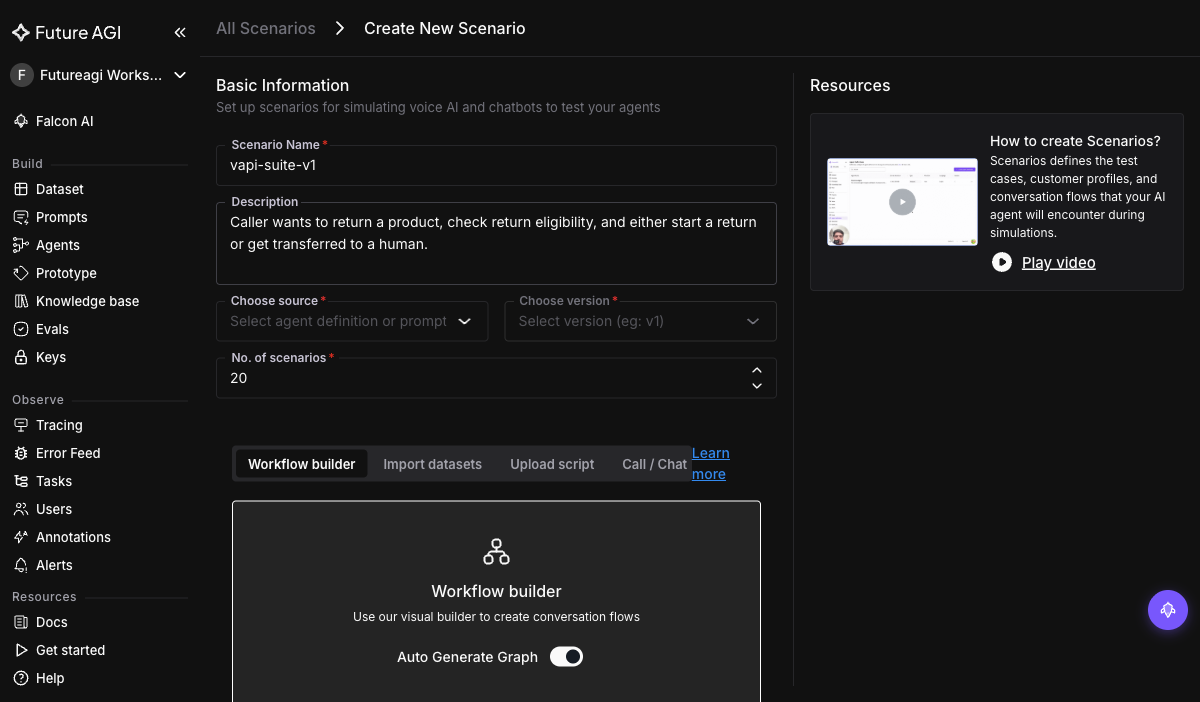 Add scenario dialog with Workflow Builder selected and Auto Generate Graph toggle on