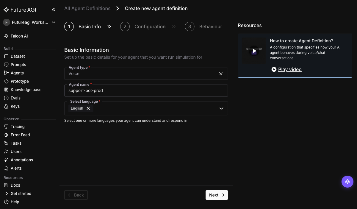 Agent definition create form with agent type set to Voice, a name, and language selected