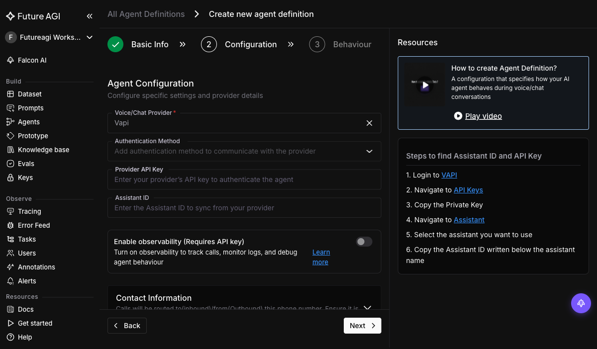 Agent configuration showing Voice Provider Vapi, API key field, and Assistant ID field