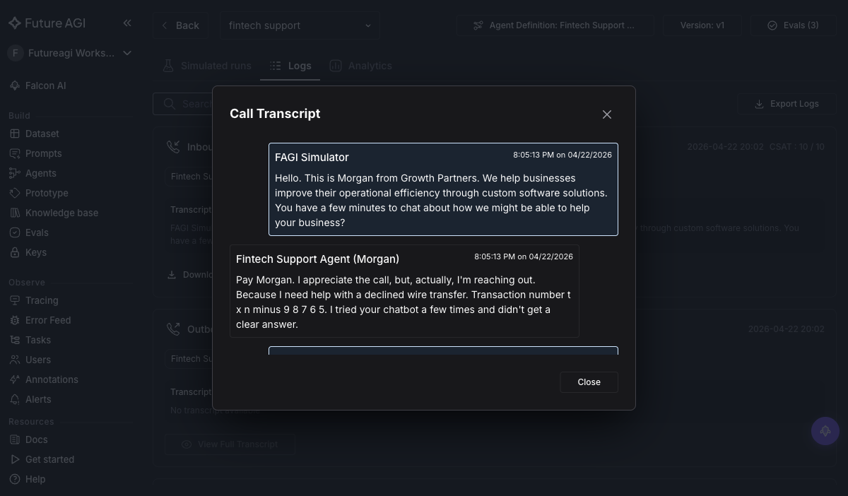 Single call detail view with the conversation transcript and the eval reason for the failed task_completion check