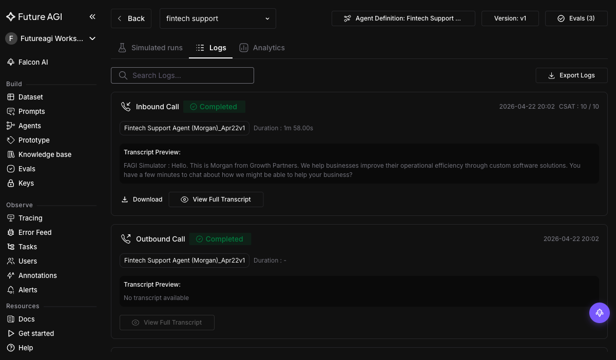 Run tests view with per-call rows showing persona, outcome, and eval pass/fail for is_helpful, task_completion, and tone